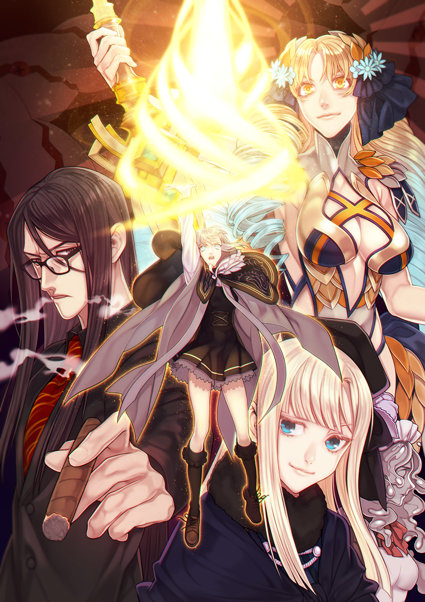 1boy 4girls astraea_(fate) astraea_(second_ascension)_(fate) bad_id bad_pixiv_id big_hair black_dress black_eyes black_hair blonde_hair blue_eyes boots cigar dress drill_hair fate/grand_order fate_(series) glasses glowing gray_(fate) grey_hair highres hood hood_up itoda_(spica) lord_el-melloi_ii lord_el-melloi_ii_case_files luviagelita_edelfelt multiple_girls no_legwear reines_el-melloi_archisorte rhongomyniad_(fate) ringlets sidelocks smoke spiral thighhighs trimmau_(fate) waver_velvet