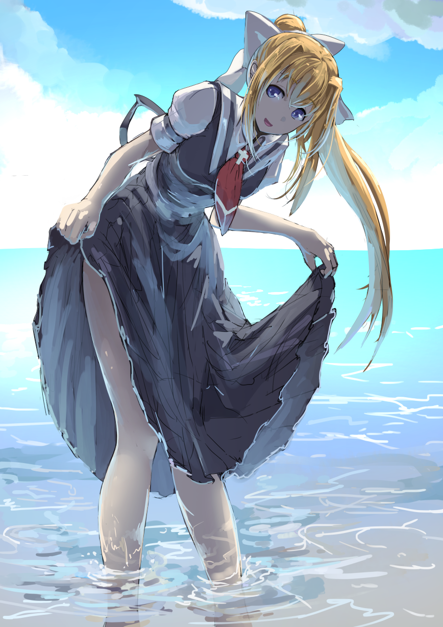 00s 1girl air_(visual_novel) bent_over blonde_hair dress dress_shirt female_focus highres kamio_misuzu koruse long_hair shirt solo standing very_long_hair wading water