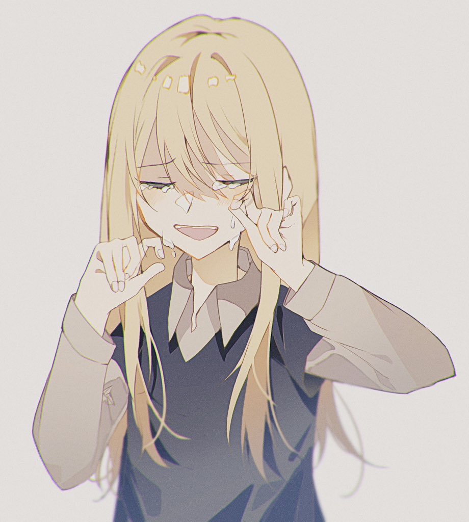 1girl anemonelove black_vest blonde_hair blush brown_shirt closed_eyes collared_shirt commentary crying facing_viewer film_grain grey_background hair_between_eyes hoshino_ruby long_hair long_sleeves open_mouth oshi_no_ko shadow shirt sidelocks simple_background smile solo symbol-only_commentary tears teeth upper_body upper_teeth_only vest wiping_tears