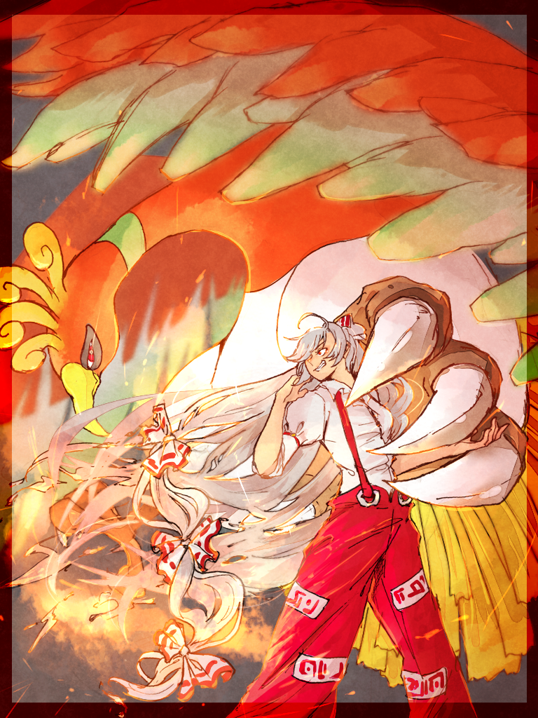 1girl beak bird bow crossover feathers fire fujiwara_no_mokou gen_2_pokemon grin hair_bow ho-oh legendary_pokemon long_hair nintendo orange_feathers outside_border overalls pokemon r18ankou red_eyes shirt smile talons touhou very_long_hair white_feathers white_hair white_shirt wings