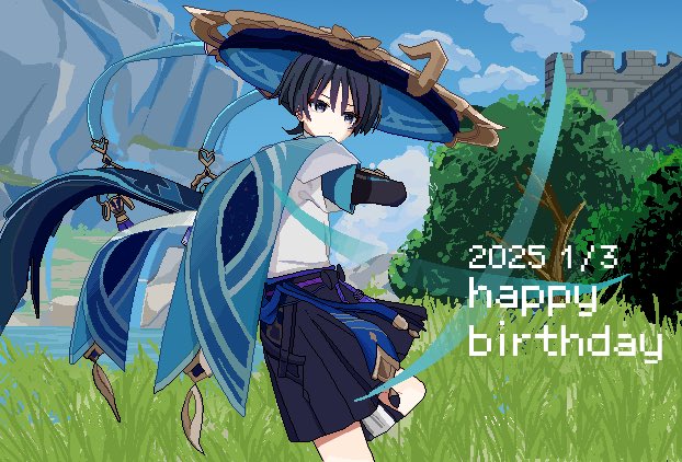 1boy belt black_belt black_bow black_eyes black_hair black_shorts blue_cape blue_hat blue_sky blue_sleeves bow cape cliff closed_mouth cloud cloudy_sky dated furisode genshin_impact gold grass hakama hakama_shorts happy_birthday hat japanese_clothes jingasa kimono kuhi_3 layered_sleeves leg_warmers looking_past_viewer male_focus mondstadt_city outdoors pixel_art pleated_shorts purple_rope river rope scaramouche_(genshin_impact) short_sleeves shorts sky solo stone_wall tree wanderer_(genshin_impact) white_kimono white_leg_warmers white_sleeves