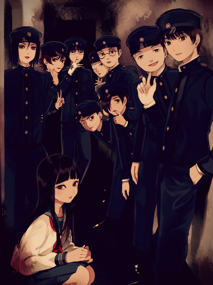 1girl 6+boys black_hair blood blood_on_clothes blush bob_cut brown_eyes dafu_(litchi_hikari_club) dentaku_(litchi_hikari_club) gakuran gakuseibou hat ichihashi_raizou jacob_(litchi_hikari_club) jaibo kaneda_riku kanon_(litchi_hikari_club) litchi_hikari_club long_hair looking_at_viewer maruino multiple_boys niko_(litchi_hikari_club) open_mouth red_neckwear sailor_collar school_uniform serafuku smile tamiya_hiroshi zera_(litchi_hikari_club)
