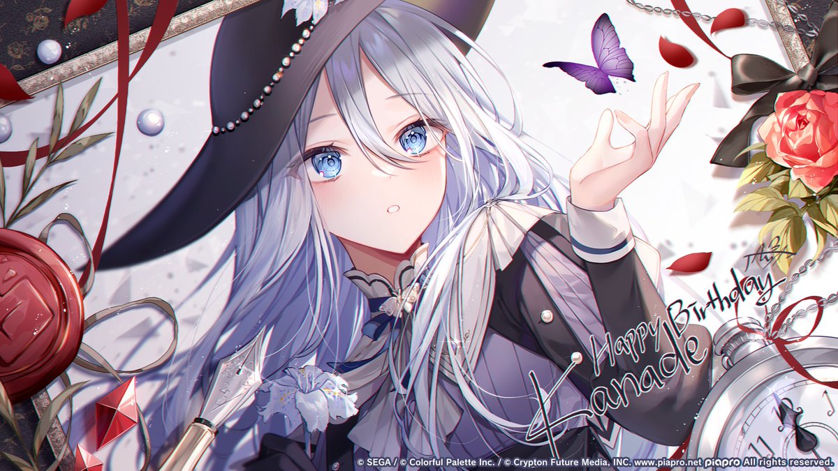 1girl black_hat blue_eyes blush bug butterfly character_name commentary_request copyright_notice flower gem grey_flower grey_hair guest_art hair_between_eyes happy_birthday hat insect long_hair nib_pen_(object) official_art pen petals pocket_watch project_sekai red_flower red_gemstone second-party_source solo taya_oco watch yoisaki_kanade