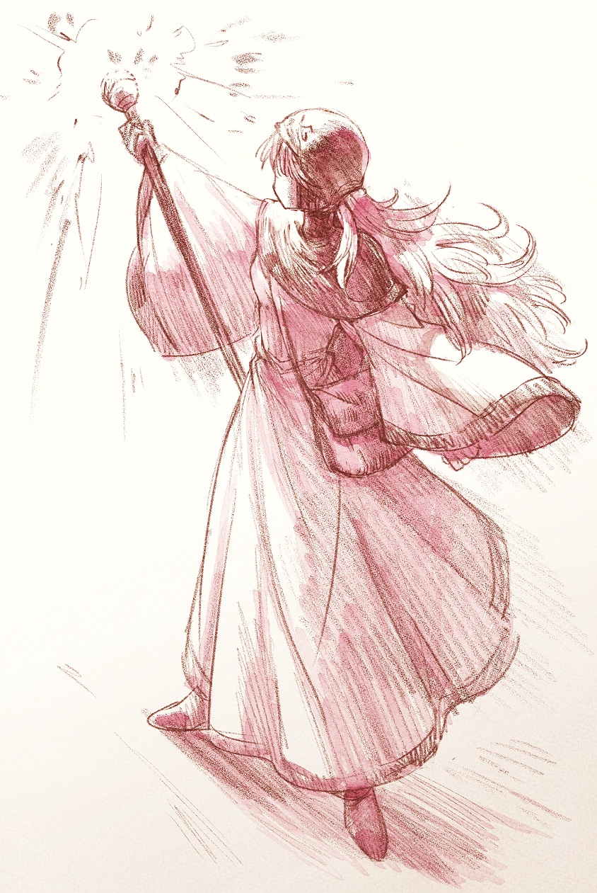 1girl bag belt blunt_bangs commentary_request dragon_quest dragon_quest_ii fighting_stance full_body gradient_background highres holding holding_staff hood long_hair long_sleeves looking_to_the_side magic outstretched_arm pink_theme princess_of_moonbrook robe shoulder_bag solo staff standing wide_sleeves yuza