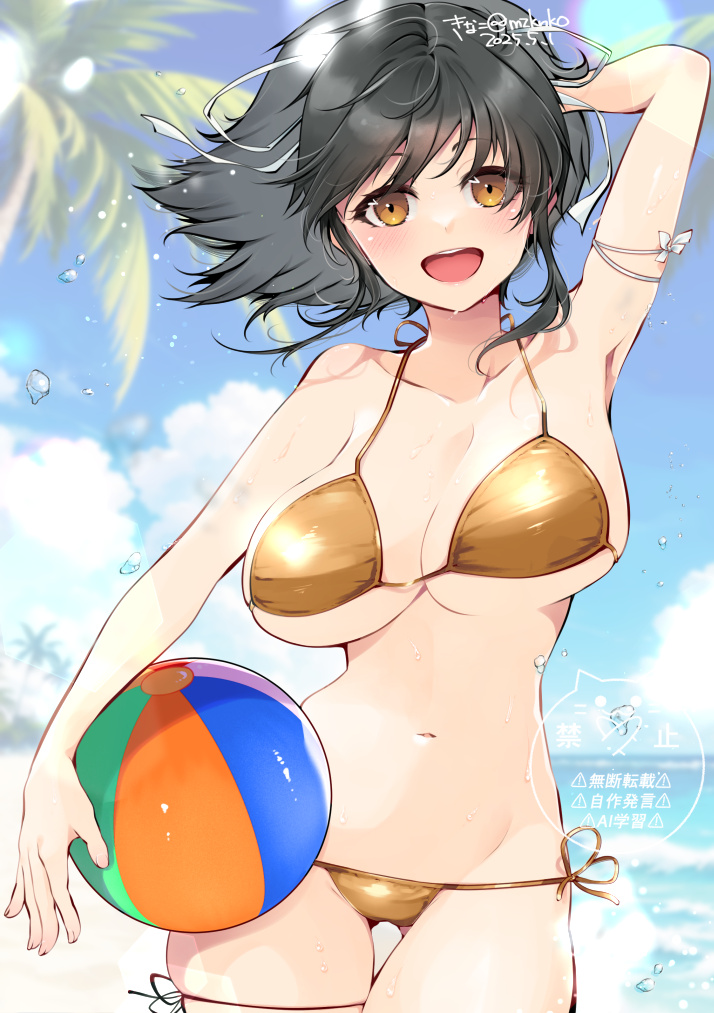 1girl alternate_costume arm_behind_head arm_strap asuka_(senran_kagura) ball beach beachball bikini blush bouncing_breasts breasts brown_eyes brown_hair cleavage commentary_request day gluteal_fold gold_bikini golden_week holding holding_ball kinako_(mzknk0) large_breasts long_hair looking_at_viewer navel ocean open_mouth palm_tree ponytail ribbon senran_kagura shiny_swimsuit short_ponytail side-tie_bikini_bottom skindentation smile solo stomach string_bikini sunlight swimsuit thigh_gap thigh_strap tree white_ribbon