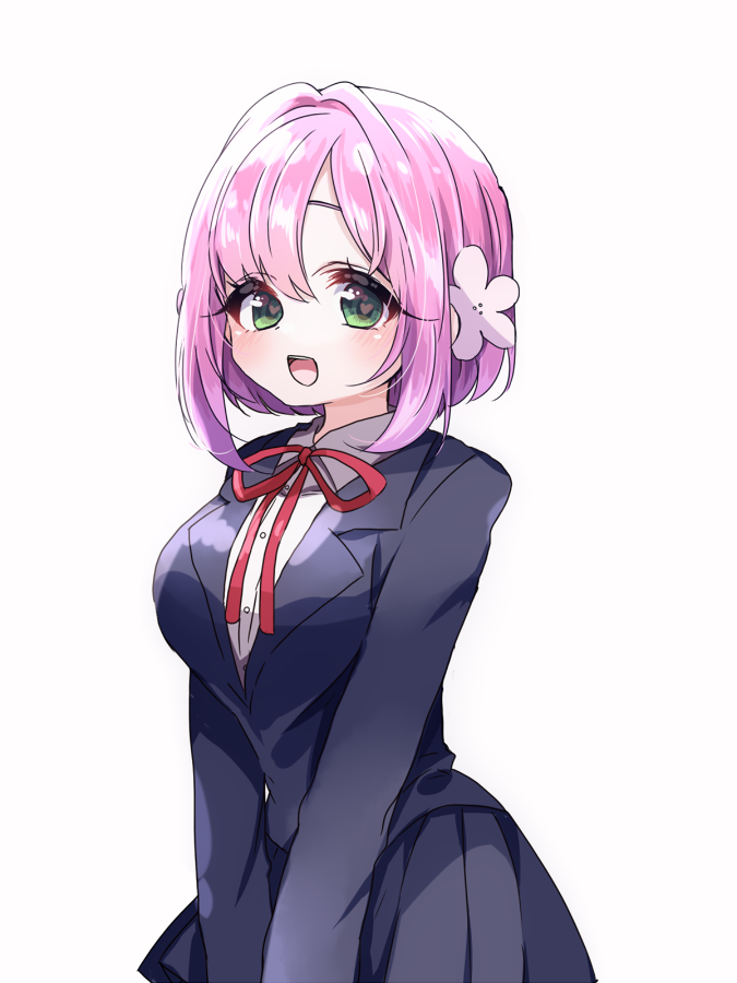 1girl :d black_jacket black_skirt blazer blush bob_cut breasts collared_shirt cowboy_shot flower green_eyes hair_between_eyes hair_flower hair_intakes hair_ornament hanazono_hakari heart heart_in_eye jacket kimi_no_koto_ga_dai_dai_dai_dai_daisuki_na_100-nin_no_kanojo large_breasts long_sleeves looking_at_viewer miniskirt neck_ribbon ohananomitsu_high_school_uniform open_mouth own_hands_together parted_bangs pink_hair pleated_skirt red_ribbon ribbon school_uniform shirt short_hair short_hair_with_long_locks simple_background skirt smile solo symbol_in_eye teeth upper_teeth_only white_background white_flower white_shirt yumenobetsu