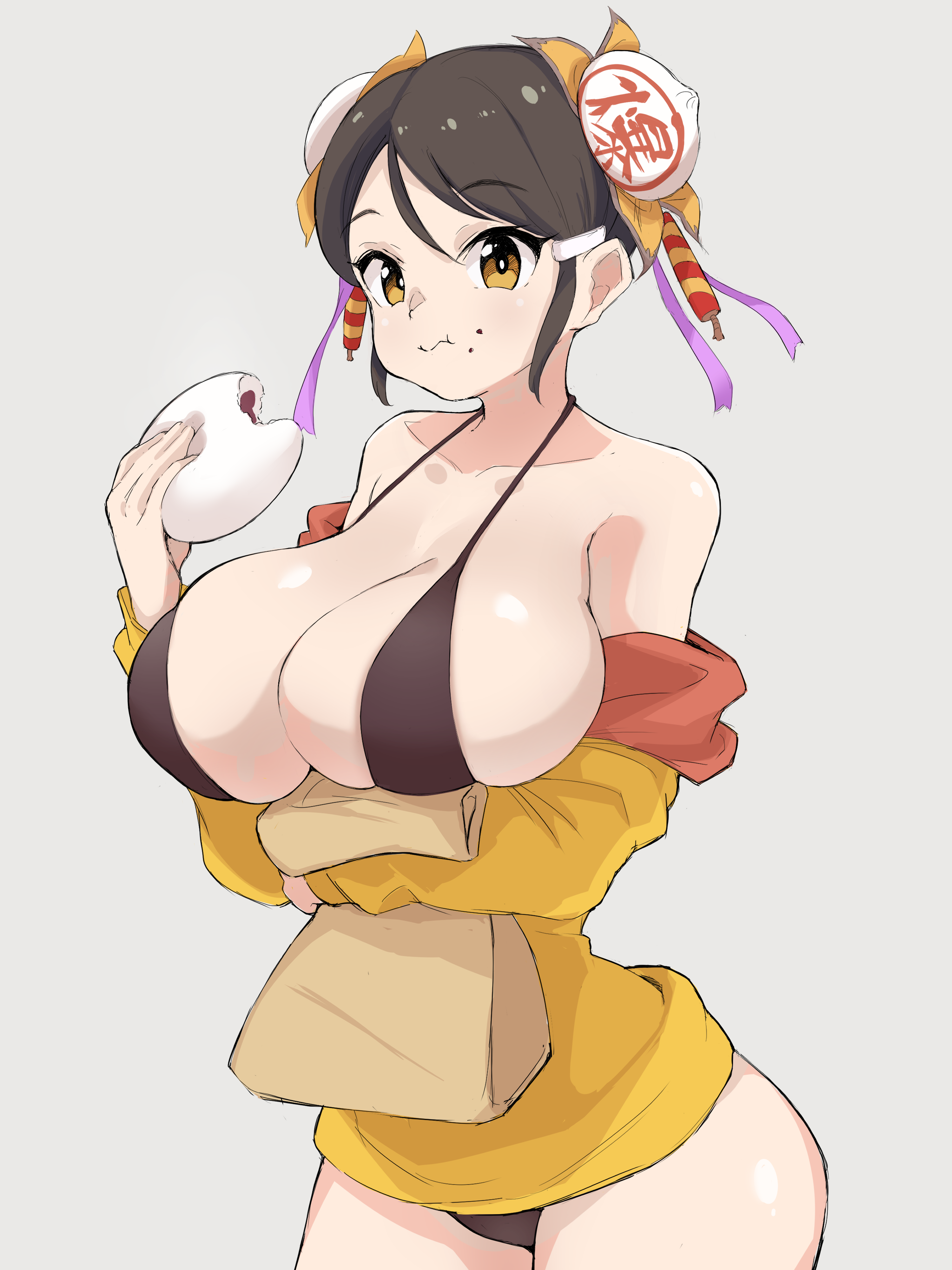 1girl absurdres baozi_hair_ornament bikini bikini_under_clothes black_hair breasts chinese_clothes cleavage eating food food-themed_hair_ornament food_on_face hair_ribbon highres ikigai jacket large_breasts looking_at_viewer meimei_(senran_kagura) ribbon senran_kagura swimsuit yellow_eyes