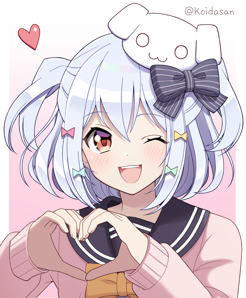 1boy ;3 animal_hair_ornament artist_name black_bow black_sailor_collar border bow bowtie double-parted_bangs fangs gradient_background grey_hair hair_bow half_updo hands_up heart heart_hands inuyama_tamaki koidapike long_sleeves looking_at_viewer male_focus noripro one_eye_closed open_mouth orange_bow orange_bowtie outside_border pink_background pink_sweater portrait sailor_collar short_hair solo sweater teeth trap two_side_up upper_teeth_only virtual_youtuber white_border