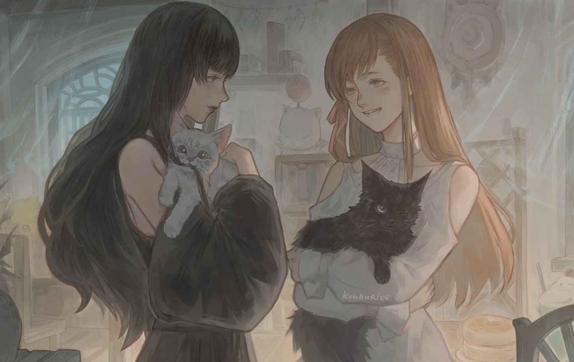 2girls :d animal artist_name black_cat black_hair blush cat commentary commission english_commentary eye_contact final_fantasy final_fantasy_xiv gaia_(ff14) holding holding_animal holding_cat konburice looking_at_another multiple_girls open_mouth orange_hair pink_ribbon ribbon ryne_waters smile upper_body
