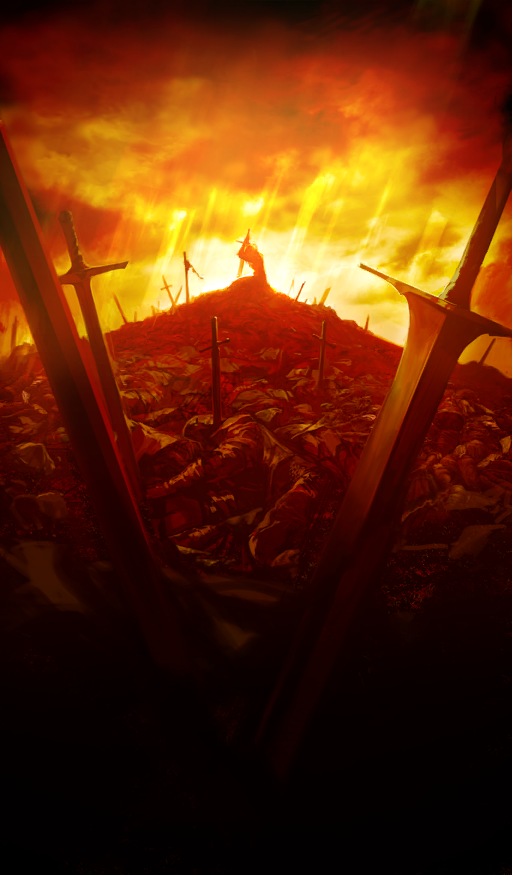 1girl artoria_pendragon_(fate) cloud cloudy_sky commentary fate/grand_order fate/stay_night fate_(series) full_body lasengle light_rays official_art orange_sky orange_theme outdoors pile_of_corpses planted planted_sword planted_weapon saber_(fate) silhouette sky sword third-party_source weapon