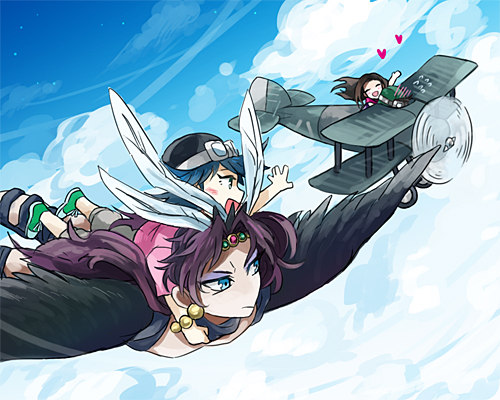 1girl 2boys aircraft airplane bad_id bad_pixiv_id biplane george_joestar_ii jojo_no_kimyou_na_bouken kars_(jojo) lisa_lisa lowres multiple_boys official_alternate_costume purple_hair sewenan wings