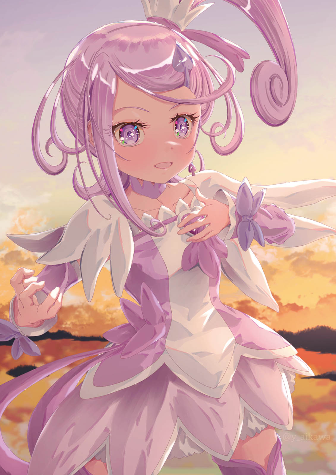 1girl aikawa_yousuke arm_warmers boots bow breasts brooch choker cowboy_shot cure_sword dokidoki!_precure earrings hair_ornament heart heart_brooch high_ponytail highres jewelry magical_girl open_mouth outdoors pink_sleeves ponytail precure purple_choker purple_eyes purple_hair purple_skirt short_hair skirt sky small_breasts smile solo spade_(shape) spade_earrings spade_hair_ornament sunset thighhighs waist_bow