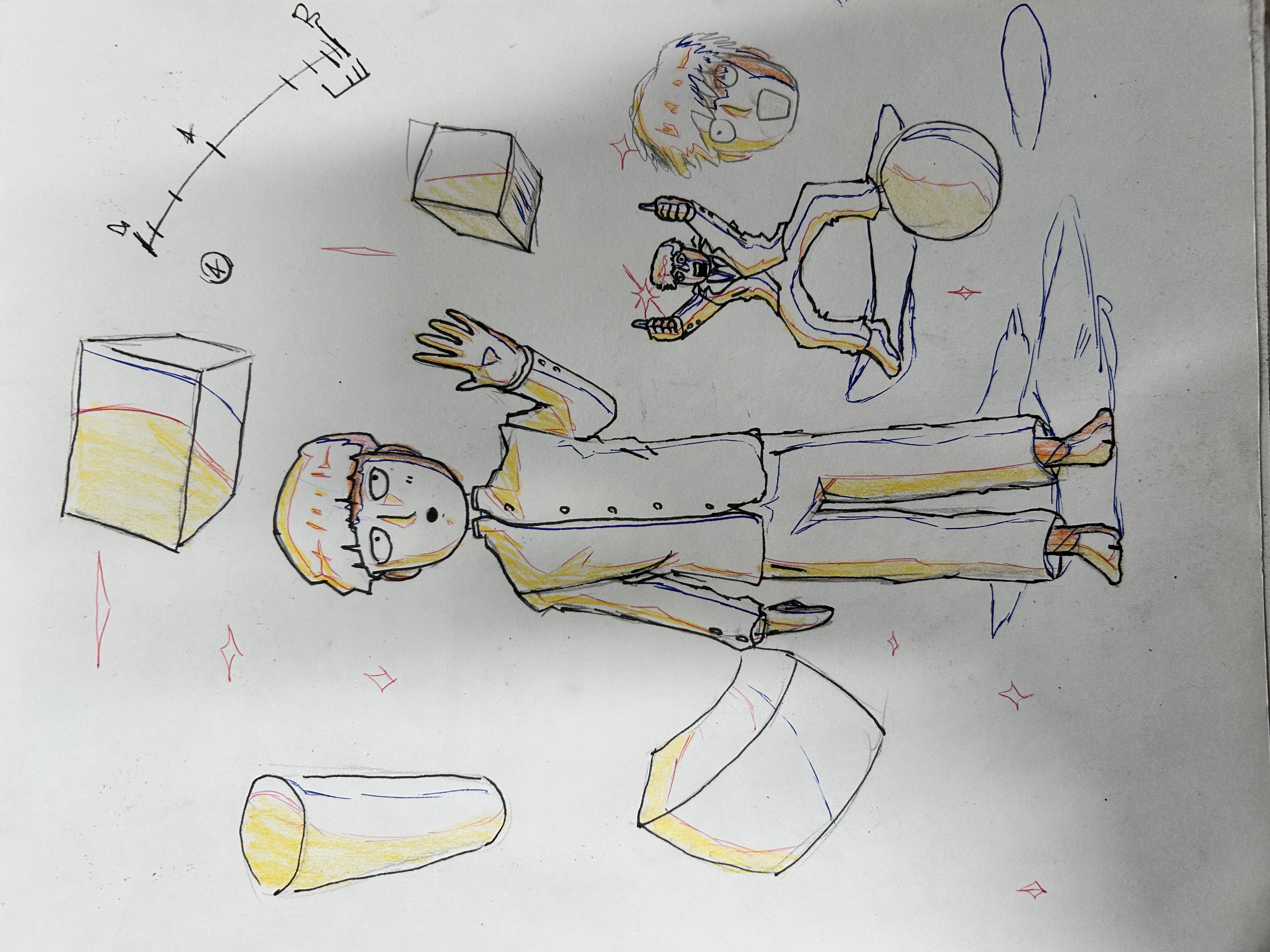 2boys ?_block absurdres barefoot exif_rotation floating highres kageyama_shigeo levitation limited_palette looking_at_another male_focus mob_psycho_100 multiple_boys non-web_source oktoberfools pants perspective reigen_arataka school_uniform shadow sparkle star_(symbol) timetable traditional_media