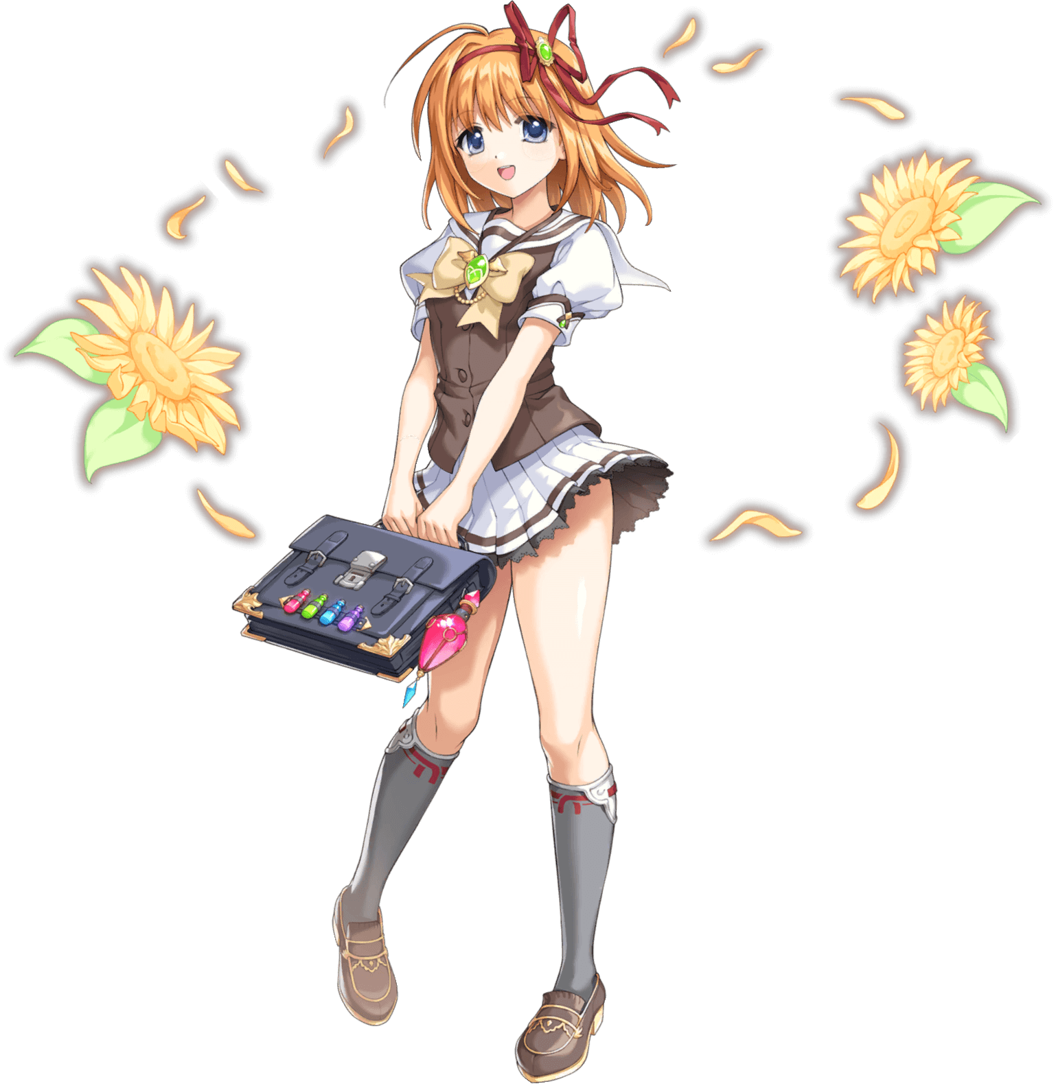 1girl artist_request bare_legs blue_eyes bow breasts brown_shoes buttons falling_petals flower full_body fuyou_kaede game_cg hair_ribbon highres legend_clover miniskirt official_art open_mouth orange_hair petals red_ribbon ribbon shoes short_hair short_sleeves shuffle! skirt solo sunflower third-party_source transparent_background yellow_bow