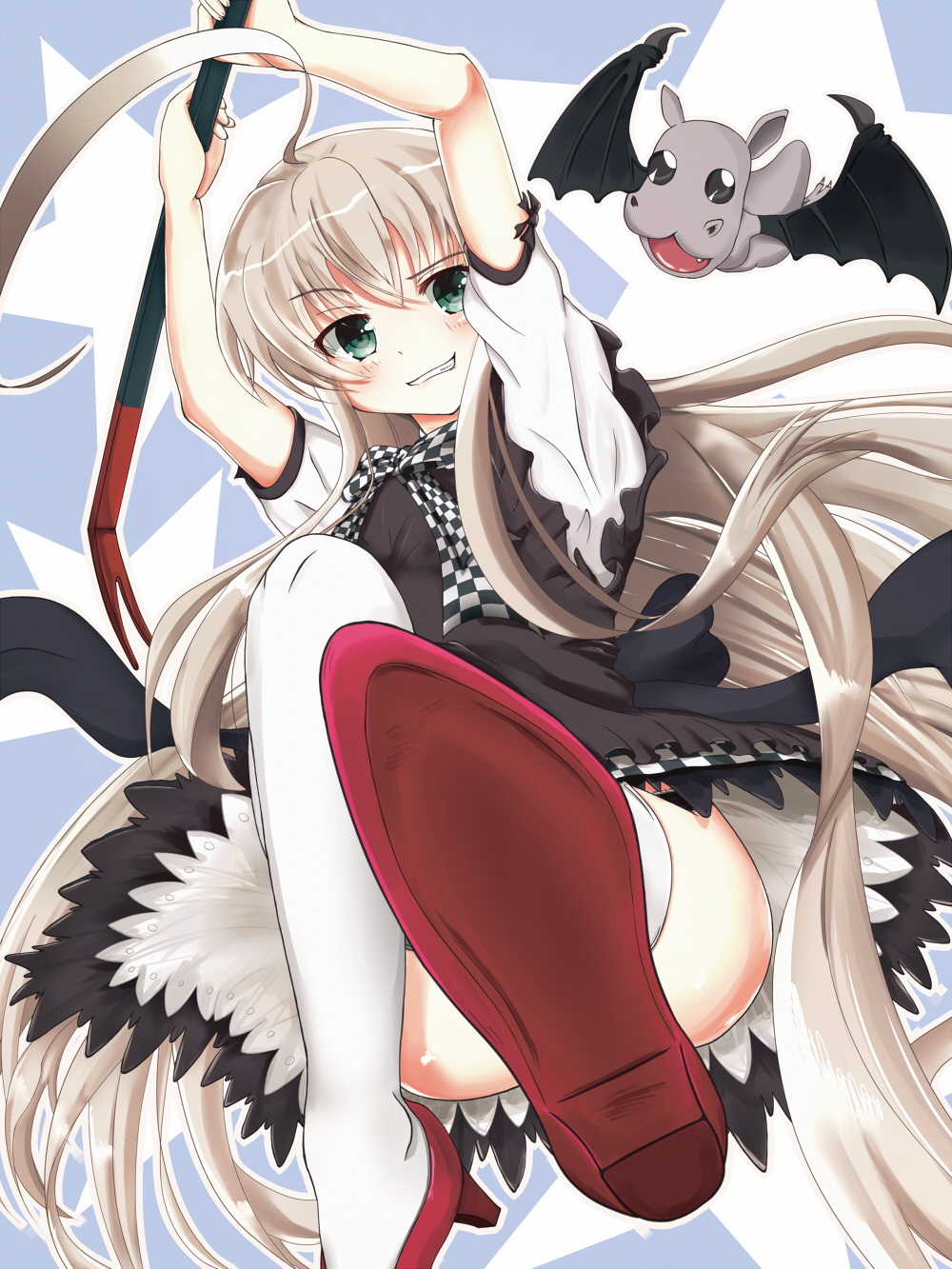 1girl ahoge arms_up blush censored convenient_censoring crowbar green_eyes haiyore!_nyaruko-san highres holding holding_crowbar huge_ahoge long_hair looking_at_viewer nyarlathotep_(nyaruko-san) shantak_(nyaruko-san) star_(symbol) tenchou_no_matsumoto thighhighs very_long_hair white_thighhighs