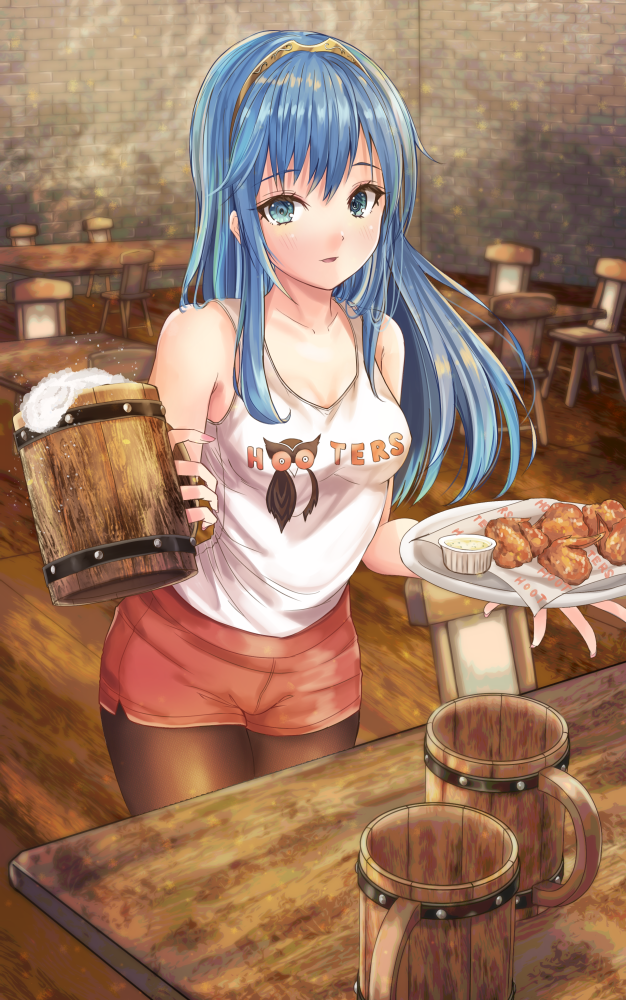 1girl bare_shoulders beer_mug blue_eyes blue_hair breasts brick_wall brown_pantyhose chair chicken_wing cleavage collarbone commission cup fire_emblem fire_emblem_awakening fuussu_(21-kazin) hair_between_eyes holding holding_cup hooters long_hair lucina_(fire_emblem) medium_breasts mug nintendo open_mouth orange_shorts pantyhose pantyhose_under_shorts plate shorts skeb_commission solo table tank_top tiara white_tank_top wooden_chair wooden_floor wooden_table