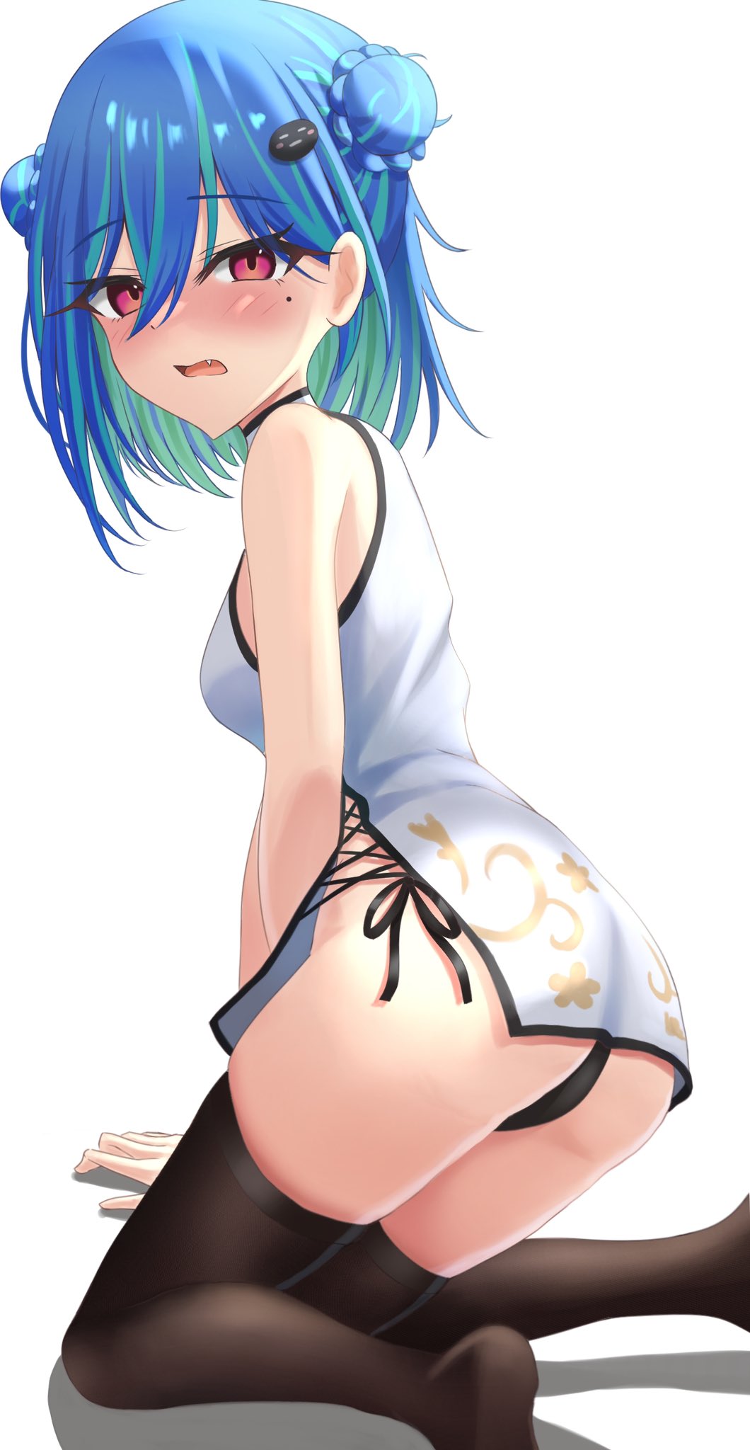 1girl balflear_(oe19nlud) black_panties blue_hair blush breasts china_dress chinese_clothes dress embarrassed fang green_hair highres hiyoku_no_crosspiece long_bangs looking_at_viewer mole mole_under_eye multicolored_hair nanashi_inc. open_mouth panties pink_eyes simple_background sleeveless sleeveless_dress small_breasts suzumi_nemo thighhighs two-tone_hair underwear virtual_youtuber white_background