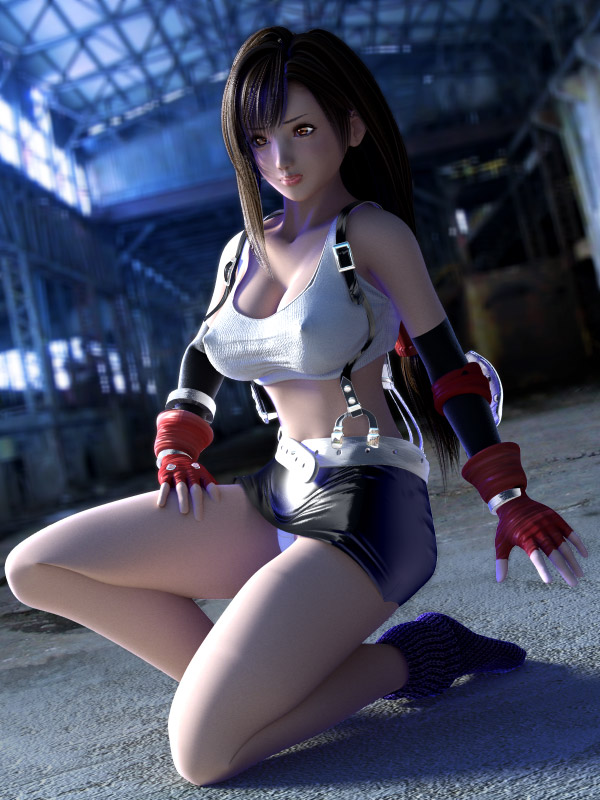 1990s_(style) 1girl 3d belt black_hair breasts brown_eyes cleavage covered_erect_nipples elbow_gloves female_focus final_fantasy final_fantasy_vii fingerless_gloves gloves incise_soul kneeling large_breasts long_hair m-rs midriff miniskirt nipples no_shoes on_one_knee panties pantyshot pencil_skirt retro_artstyle skirt socks solo sports_bra suspender_skirt suspenders tank_top tifa_lockhart underwear white_panties