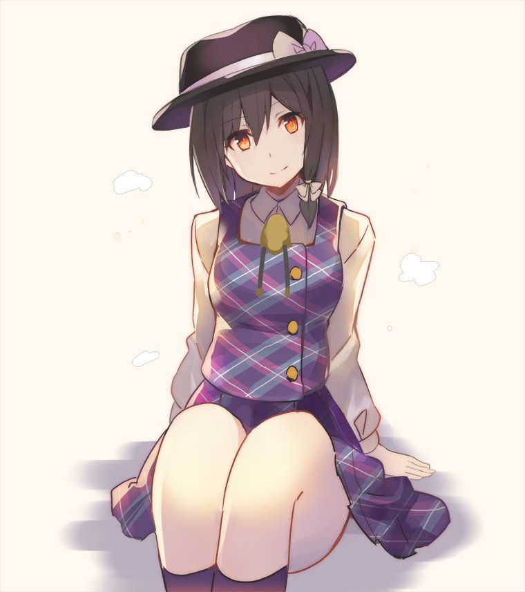 1girl arm_support beige_background black_hair black_hat black_socks bow breasts commentary_request cosplay falken_(yutozin) fedora feet_out_of_frame female_focus hair_between_eyes hat hat_bow head_tilt kneehighs knees_up long_sleeves looking_at_viewer medium_breasts one-hour_drawing_challenge orange_eyes plaid_clothes plaid_skirt plaid_vest purple_skirt purple_vest shadow shirt short_hair simple_background sitting skirt smile socks solo thighs touhou usami_renko usami_sumireko usami_sumireko_(cosplay) vest white_bow white_shirt