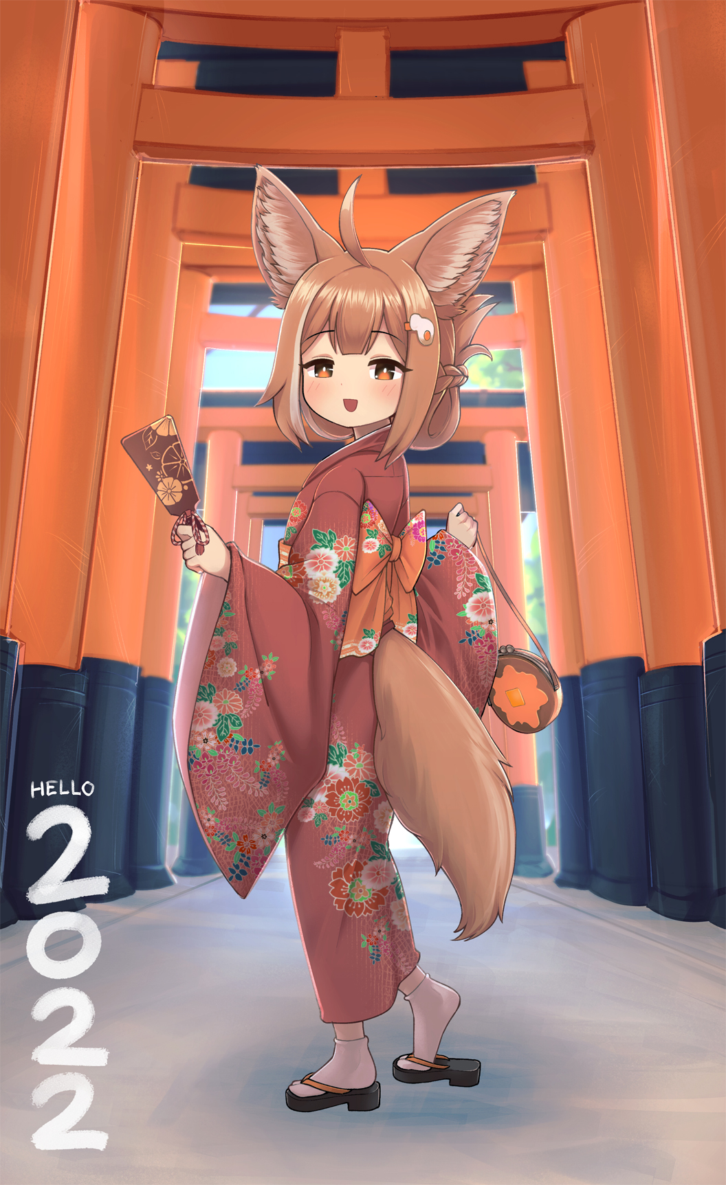 1girl 2022 ahoge animal_ear_fluff animal_ears bag blush brown_hair floral_print folded_ponytail fox_ears fox_girl fox_tail hagoita hair_ornament hairclip heel_up highres holding holding_bag holding_paddle jacy japanese_clothes kimono long_sleeves looking_at_viewer looking_back obi okobo open_mouth orange_eyes original outdoors paddle platform_sandals red_kimono sandals sash socks solo standing tail torii white_socks wide_sleeves