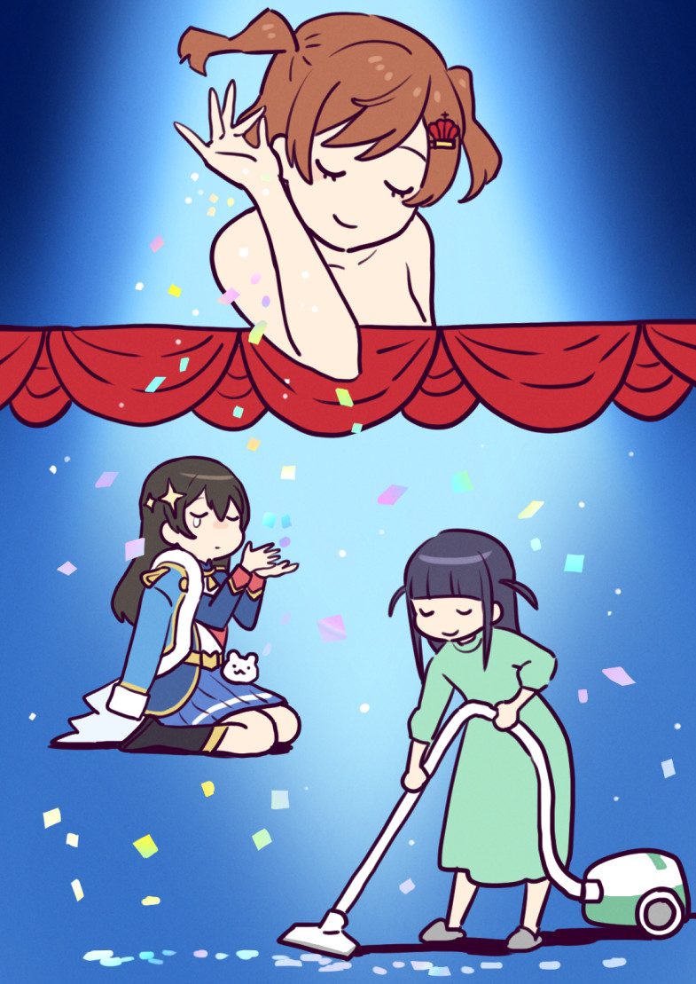 3girls aijou_karen arm_at_side belt black_footwear black_hair blue_background blue_jacket blue_skirt blunt_bangs boots brown_hair cleaning closed_eyes closed_mouth collarbone commentary_request confetti crown_hair_ornament cupping_hands dress fur-trimmed_jacket fur_trim gradient_background green_dress hair_ornament hairclip hand_up hands_up ito_fumi jacket jacket_on_shoulders kagura_hikari knee_boots long_hair long_sleeves meme miniskirt multiple_girls nude own_hands_together pleated_skirt salt_bae_(meme) seiza shadow short_hair shoujo_kageki_revue_starlight single_stripe single_tear sitting skirt smile sparkle_hair_ornament standing striped_clothes striped_skirt stuffed_animal stuffed_toy teddy_bear tsuyuzaki_mahiru two_side_up vacuum_cleaner waist_cape yellow_belt