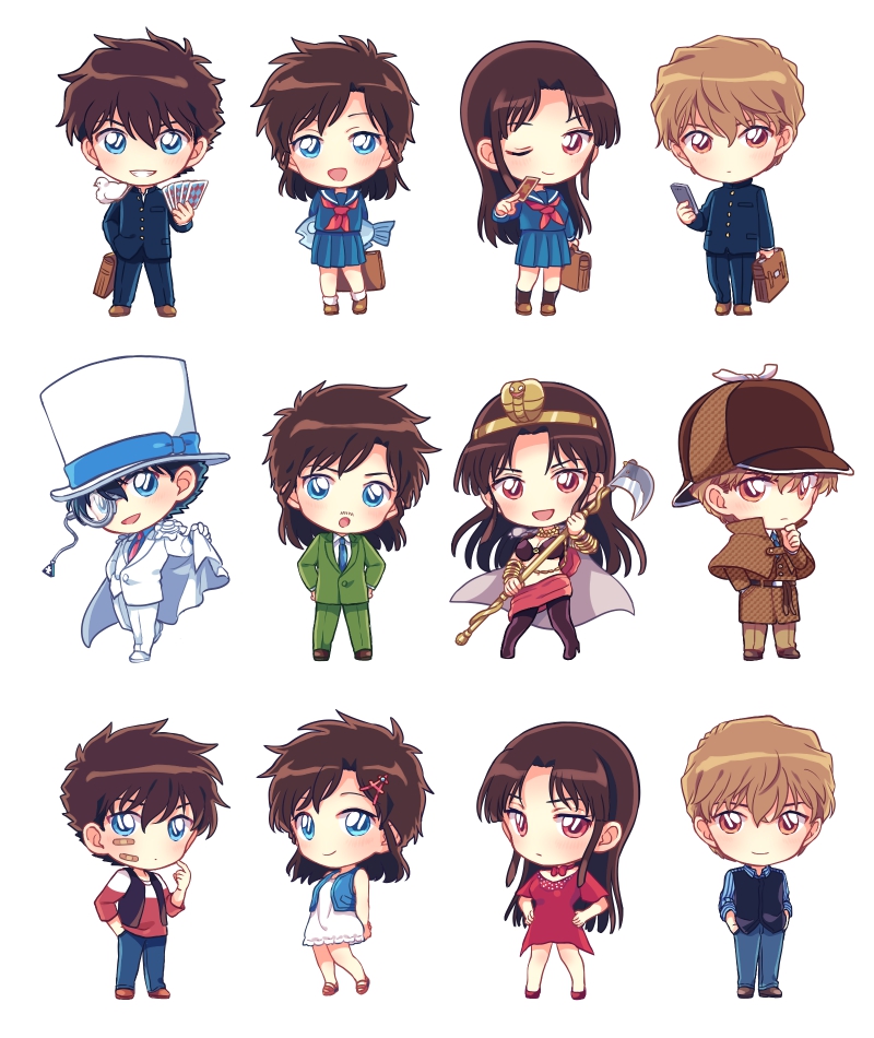2boys 2girls akiyoshi_(tama-pete) animal arms_behind_back bag bandaid bandaid_on_face black_hair blonde_hair blue_eyes breasts brown_hair cape card chibi chibi_only cleavage cobra_(animal) commentary cosplay detective dress fake_facial_hair fake_mustache fish hair_ornament hairclip hakuba_saguru hands_in_pockets hat headdress holding holding_animal holding_bag holding_card holding_fish holding_scythe kaitou_kid koizumi_akako kuroba_kaito long_hair magic_kaito monocle monocle_chain multiple_boys multiple_girls multiple_persona nakamori_aoko one_eye_closed open_mouth orange_eyes parted_bangs red_dress red_eyes school_uniform scythe short_hair side_part top_hat white_background white_cape