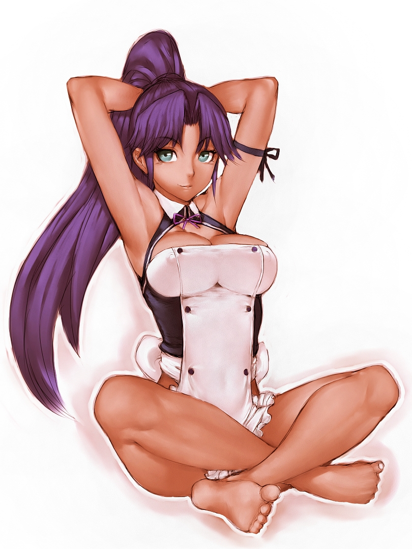 1girl armpits arms_behind_head arms_up asuka_(dream_c_club_zero) barefoot blue_eyes breasts covered_erect_nipples crossed_legs dark-skinned_female dark_skin dream_c_club dream_c_club_(series) dream_c_club_zero feet female_focus fumio_(rsqkr) indian_style large_breasts light_smile long_hair ponytail purple_hair sitting smile solo tan