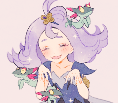 1girl acerola_(pokemon) closed_eyes collarbone colored_sclera dreepy dress flipped_hair gen_8_pokemon hair_ornament looking_at_viewer lowres medium_hair multicolored_dress nintendo open_mouth pokemon pokemon_(creature) pokemon_sm purple_hair ryokuno_green short_sleeves simple_background standing topknot torn_clothes torn_dress upper_body white_background yellow_sclera