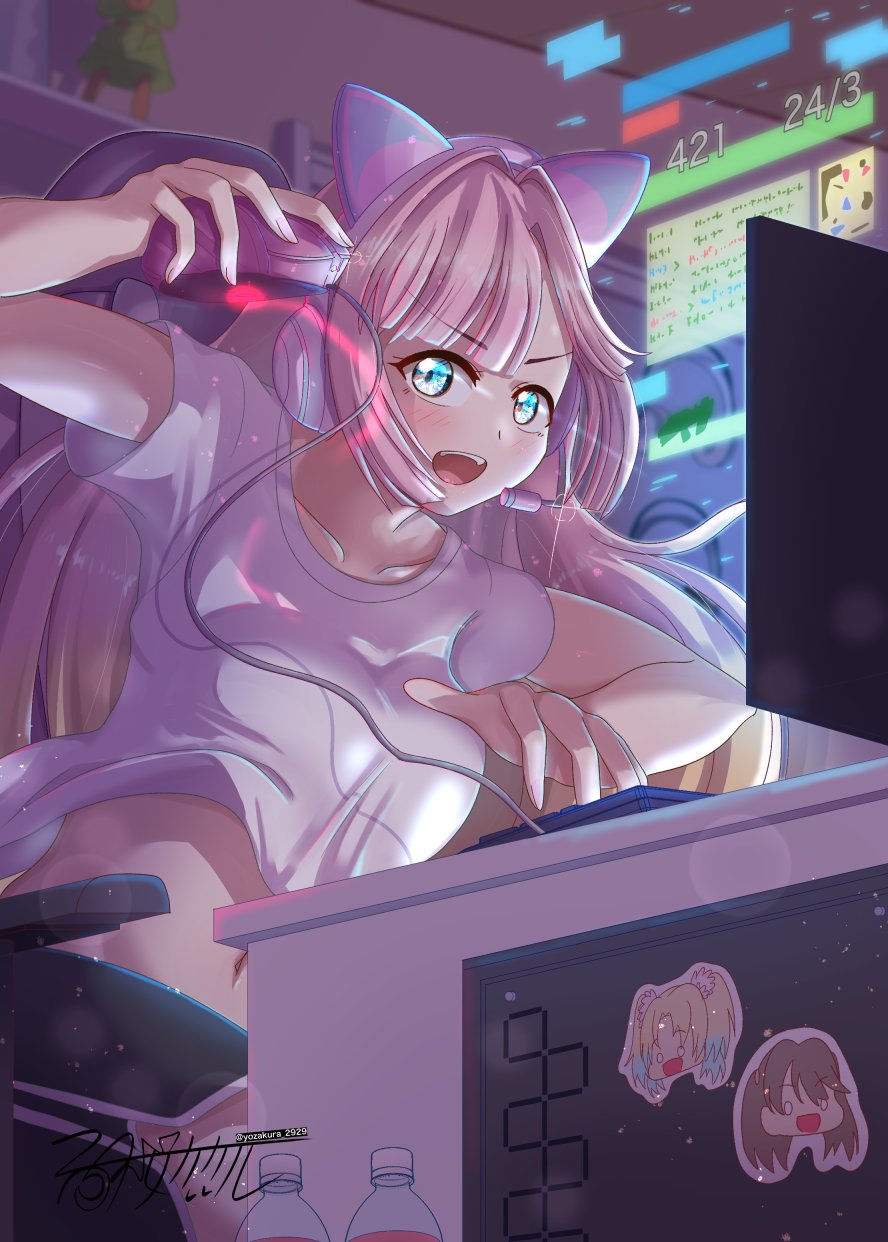 1girl :d anyoji_hime black_shorts blonde_hair blue_eyes blunt_bangs character_sticker clothes_lift collarbone commentary computer_keyboard desk dolphin_shorts fujishima_megumi gradient_hair highres holding_computer_mouse holographic_interface indoors link!_like!_love_live! long_hair love_live! midriff_peek monitor multicolored_hair navel open_mouth osawa_rurino pink_hair playing_games shirt shirt_lift short_shorts short_sleeves shorts sidelocks sitting smile solo swept_bangs t-shirt teeth upper_teeth_only v-shaped_eyebrows very_long_hair virtual_youtuber white_shirt yozakura_kakeru