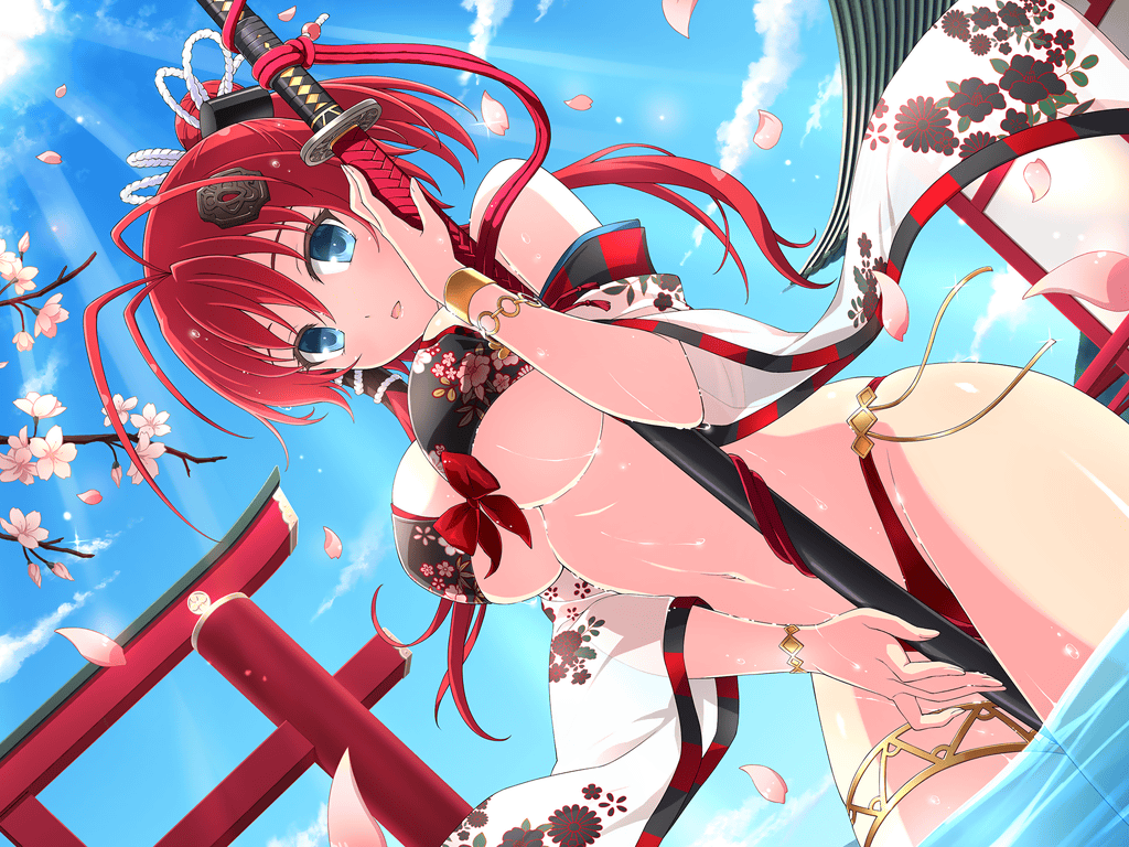 1girl antenna_hair architecture beach bikini blue_eyes branch breasts cleavage cloud cloudy_sky day dripping east_asian_architecture falling_petals floral_print flower hair_ornament hair_tie hairclip holding holding_sword holding_weapon hyakka_ryouran_samurai_bride hyakka_ryouran_samurai_girls japanese_clothes katana large_breasts looking_at_viewer medium_hair navel non-web_source ocean official_art open_mouth petals red_hair red_rope rope scabbard senran_kagura senran_kagura_new_link sheath sheathed sky sunlight swimming swimsuit sword thigh_strap torii underboob weapon wet white_rope wristband yaegashi_nan yagyuu_juubei_(hyakka_ryouran)