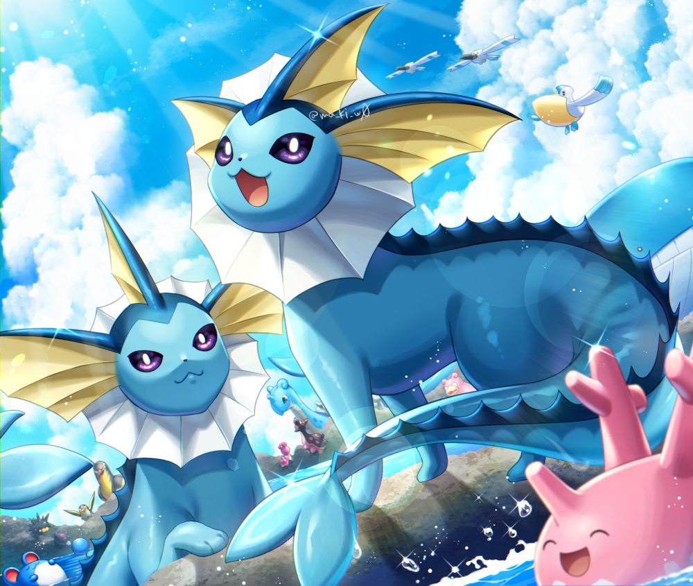 :3 :d bright_pupils cloud commentary_request corsola day game_freak gastrodon gen_1_pokemon gen_2_pokemon gen_3_pokemon gen_4_pokemon gen_7_pokemon gen_8_pokemon kamuinii kilowattrel lapras light_rays marill nintendo no_humans open_mouth outdoors pelipper pincurchin pokemon pokemon_(creature) purple_eyes pyukumuku shellos sky slowpoke smile sparkle tongue vaporeon water water_drop wattrel white_pupils wingull