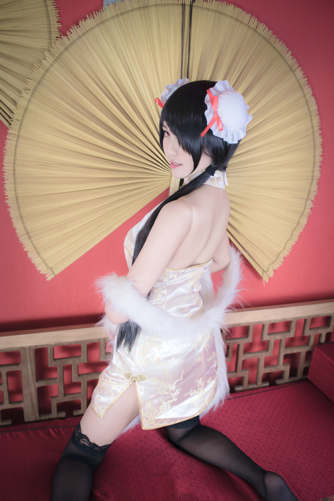 1girl artist_request asian bare_shoulders black_hair black_thighhighs blurry bun_cover china_dress chinese_clothes color_contacts cosplay date_a_live depth_of_field double_bun dress feather_boa female_focus hair_bun hair_over_one_eye halter_dress halterneck indoors kneeling lace lace-trimmed_legwear lace_trim long_hair looking_at_viewer looking_back makeup mascara no_shoes parted_lips photo_(medium) red_eyes short_china_dress sleeveless sleeveless_dress solo thighhighs tokisaki_kurumi tokisaki_kurumi_(cosplay) twintails zettai_ryouiki