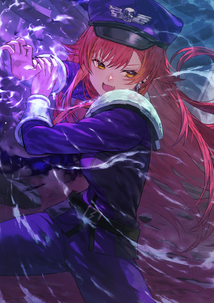 1girl :3 armor belt black_nails cosplay cowboy_shot ear_piercing fagi_(kakikaki) fang half-closed_eyes hat long_hair long_sleeves m._bison m._bison_(cosplay) military_hat military_uniform nekota_tsuna open_mouth orange_eyes pauldrons piercing purple_hat purple_shirt red_hair rubble shirt shoulder_armor shoulder_pads solo street_fighter street_fighter_6 vambraces virtual_youtuber vspo!