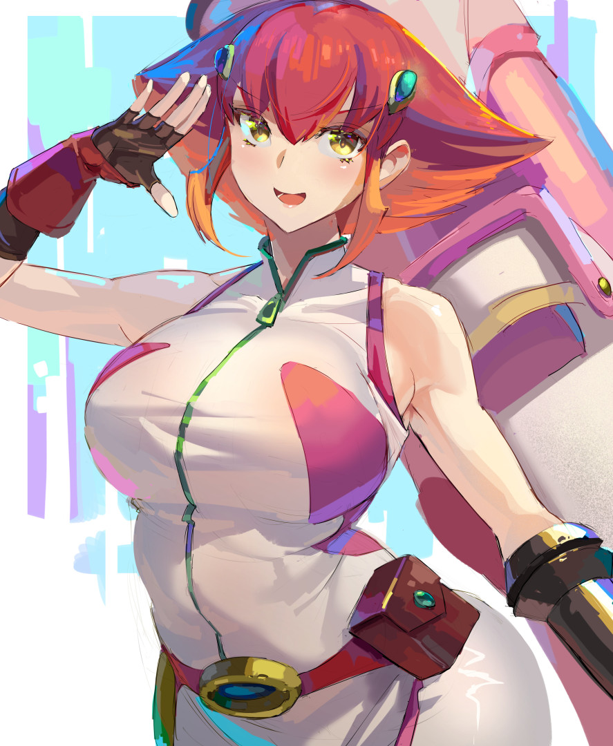 1girl bare_shoulders bazooka belt breasts curvy kazo_(kazozakazo) kouzuki_anna large_breasts lips looking_at_viewer medium_hair multicolored_hair open_mouth orange_hair pointy_hair red_hair salute shiny_skin short_hair smile solo two-tone_hair weapon wide_hips yellow_eyes yu-gi-oh! yuu-gi-ou yuu-gi-ou_zexal