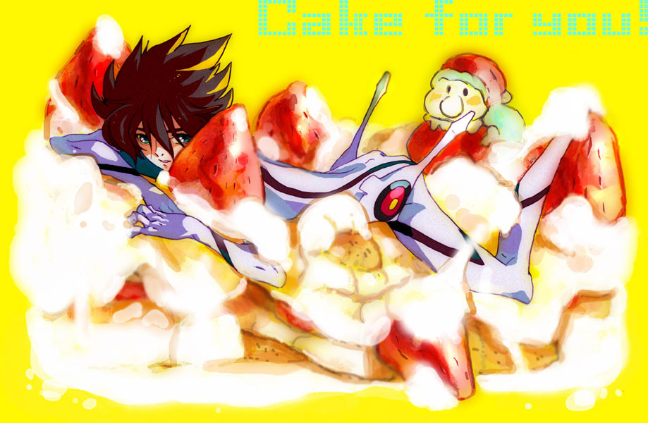 1boy akira-riku bodysuit brown_hair cake casshern casshern_(series) casshern_sins commentary_request english_text expressionless food fruit full_body hair_between_eyes icing long_bangs looking_at_viewer male_focus on_food open_mouth short_hair solo spiked_hair strawberry strawberry_shortcake white_bodysuit yellow_background