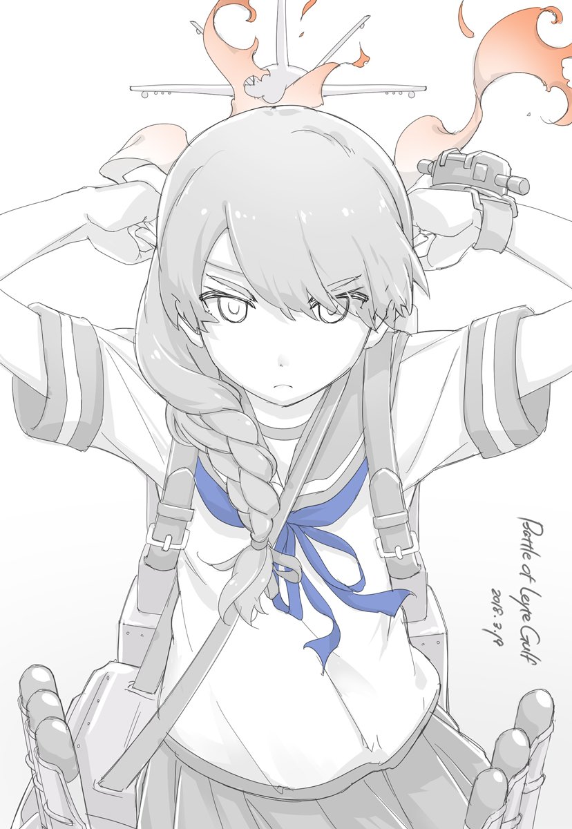 1girl aka_ringo arms_behind_head blue_ribbon braid closed_mouth cowboy_shot dated female_focus frown hachimaki headband highres kantai_collection long_hair looking_forward machinery neckerchief pleated_skirt ribbon school_uniform serafuku short_sleeves single_braid skirt solo spot_color torpedo tying_headband uranami_(kancolle)