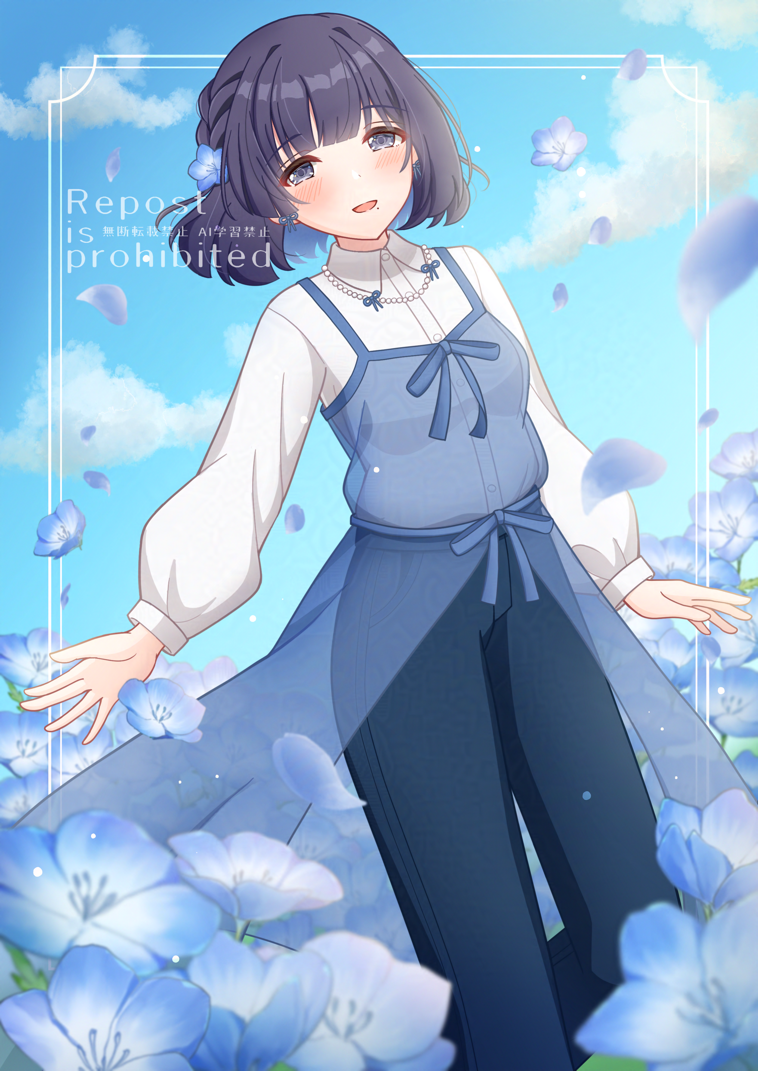 1girl absurdres blue_pants blush braid chaton_(chatoncerisier) commentary_request dress falling_flower field flower flower_field gakuen_idolmaster hair_flower hair_ornament hataya_misuzu highres idolmaster looking_at_viewer mole mole_under_mouth nemophila_(flower) pants pinafore_dress purple_hair see-through_clothes see-through_dress shirt short_hair sleeveless sleeveless_dress smile solo white_shirt