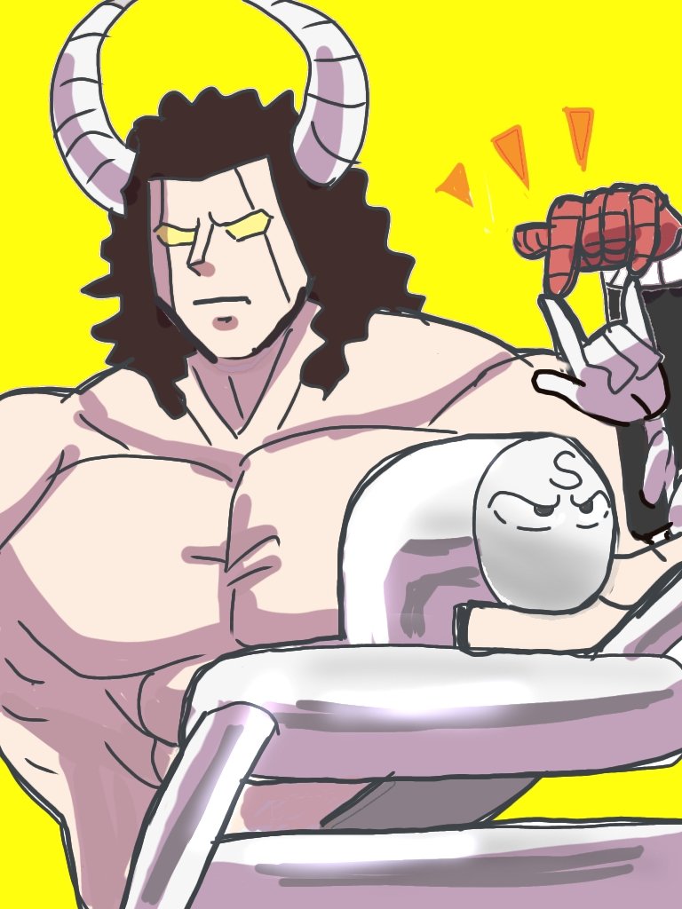 2boys biceps blank_eyes buffaloman horns kinnikuman large_pectorals looking_at_another manly monster_boy multiple_boys muscular naporifes no_mouth pectorals spring_(object) springman_(kinnikuman) tag_team teamwork yellow_background