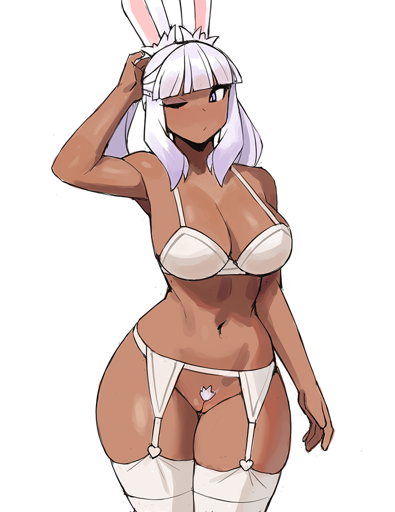 1girl animal_ear_fluff animal_ears arm_up bra breasts cleavage dark-skinned_female dark_skin donburi_(donburikazoku) garter_belt garter_straps large_breasts lingerie no_panties one_eye_closed original pubic_hair purple_eyes pussy rabbit_ears rabbit_girl solo standing thick_thighs thighhighs thighs underwear white_background white_hair white_thighhighs wide_hips
