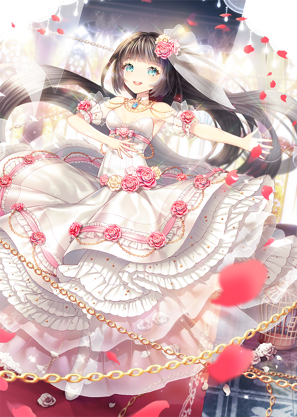 1girl aqua_eyes bare_shoulders black_hair chain dress female_focus flower hair_flower hair_ornament jewelry long_hair necklace original petals rose_petals saban solo
