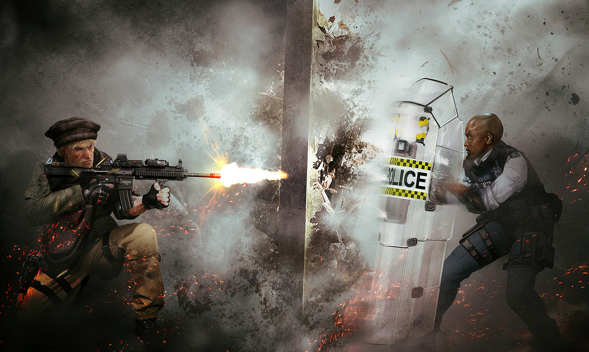 1boy 1girl aiming ammunition ammunition_pouch arman_akopian armor assault_rifle bald bald_girl battle battle_damage black_armor black_boots black_gloves black_pouch black_shoes blonde_facial_hair blonde_hair blue_eyes blue_pants boots breaking_through_wall brown_eyes brown_hat brown_pants brown_scarf cargo_pants clash_(rainbow_six_siege) collared_shirt combat_boots commentary dark-skinned_male dark_skin dress_pants dress_shirt duel elbow_pads embers english_commentary eotech facial_hair finger_on_trigger fingerless_gloves firing foregrip frown furrowed_brow gloves green_jacket gun h&k_hk416 hat highres holding holding_gun holding_shield holding_weapon holster jacket key_visual laser_sight legs_apart long_sleeves looking_at_another magazine_(weapon) maverick_(rainbow_six_siege) messy_hair metropolitan_police_service military military_jacket military_operator military_uniform muzzle_flash official_art on_one_knee optical_sight pants phelandavion phone police police_uniform policewoman pouch promotional_art rainbow_six_siege rifle riot_police riot_shield scarf shield shirt shoes short_hair sleeve_cuffs sleeve_rolled_up sleeves_rolled_up smoke soldier tactical_clothes thigh_holster two-handed vertical_foregrip vest_pouch weapon white_shirt