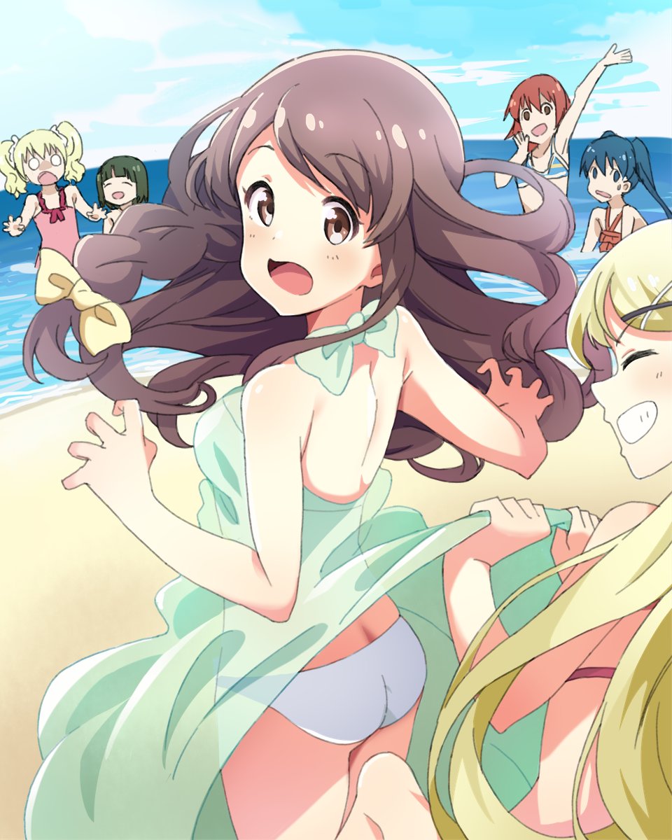 6+girls alice_cartelet beach bikini breasts female_pervert highres hiroki_(yyqw7151) inokuma_youko kin-iro_mosaic komichi_aya kujou_karen lifting_another&#039;s_clothes matsubara_honoka multiple_girls non-web_source one-piece_swimsuit oomiya_shinobu panties pervert small_breasts swimsuit twintails underwear