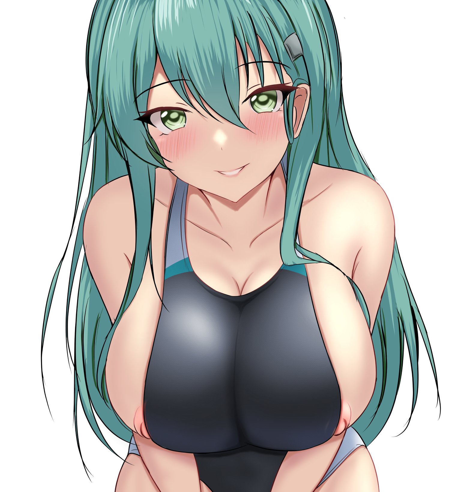 1girl alternate_costume aqua_eyes aqua_hair black_one-piece_swimsuit blush breasts clothes_pull collarbone competition_swimsuit covered_navel cowboy_shot hair_between_eyes hair_ornament hairclip highres kantai_collection large_breasts long_hair looking_at_viewer montemasa nipple_slip nipples one-piece_swimsuit one-piece_swimsuit_pull sideboob simple_background smile suzuya_(kancolle) swimsuit two-tone_swimsuit very_long_hair white_background