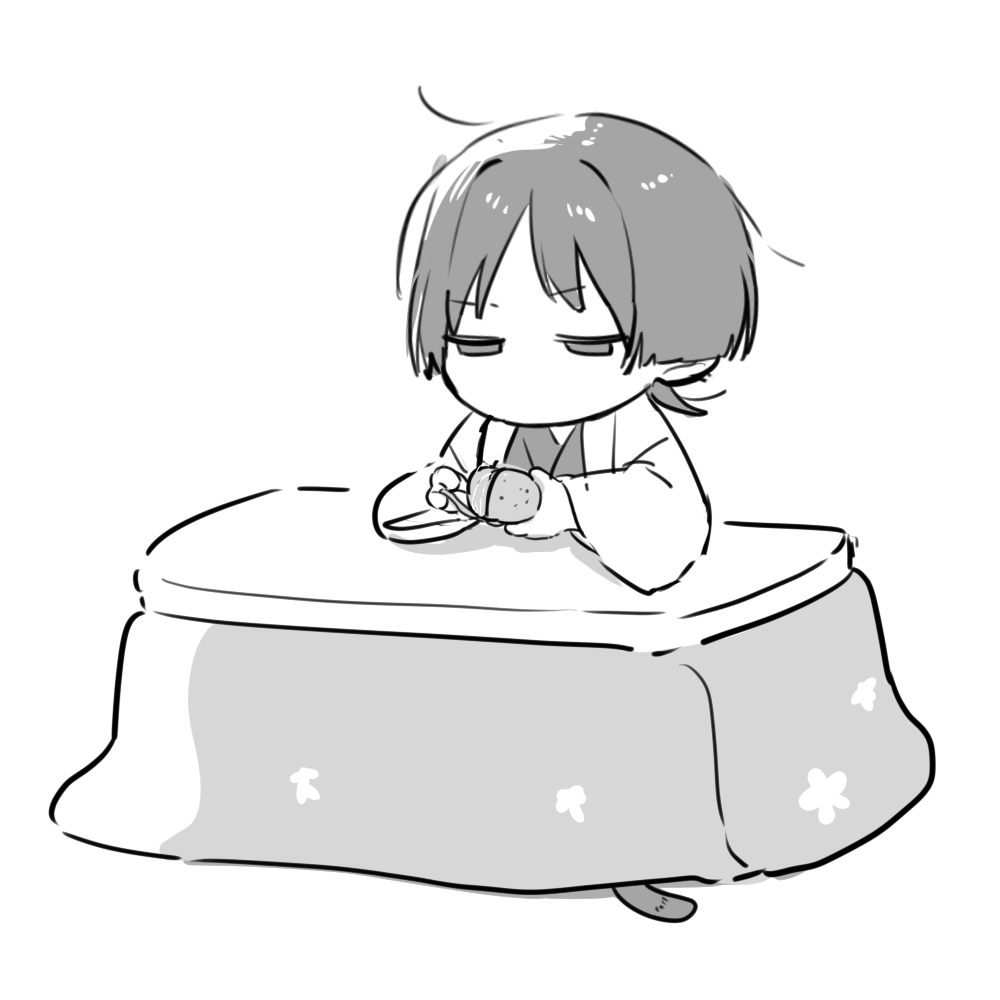 1boy blunt_ends buku2_suisou chibi food fruit genshin_impact hakama holding holding_food holding_fruit japanese_clothes kimono kotatsu loose_hair_strand male_focus monochrome no_mouth parted_bangs peeling scaramouche_(genshin_impact) sitting solo squinting table under_kotatsu under_table wanderer_(genshin_impact) white_background