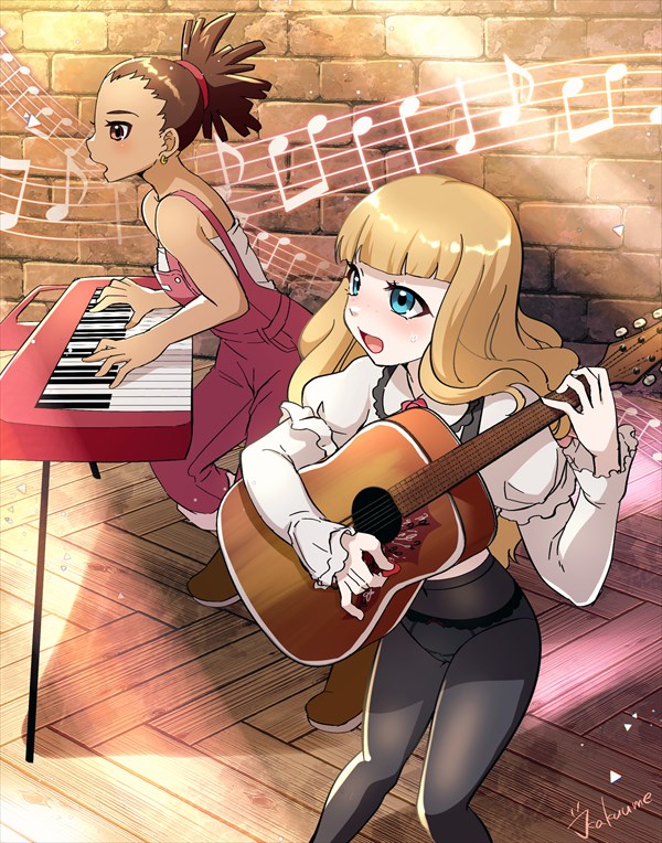 2girls bare_shoulders black_legwear blonde_hair blue_eyes blunt_bangs blush brown_eyes brown_footwear brown_hair cameltoe carole_&amp;_tuesday carole_stanley dark-skinned_female dark_skin earrings female_focus freckles from_side guitar hair_tie hand_up have_to_pee holding indoors instrument jewelry juliet_sleeves kakuume keyboard_(instrument) long_hair long_sleeves multiple_girls music musical_note navel nose_blush open_mouth overalls panties pantyhose playing_instrument plectrum puffy_sleeves see-through_clothes shirt shoes short_hair smile strapless strapless_shirt sweat topknot tuesday_simmons underwear white_panties white_shirt