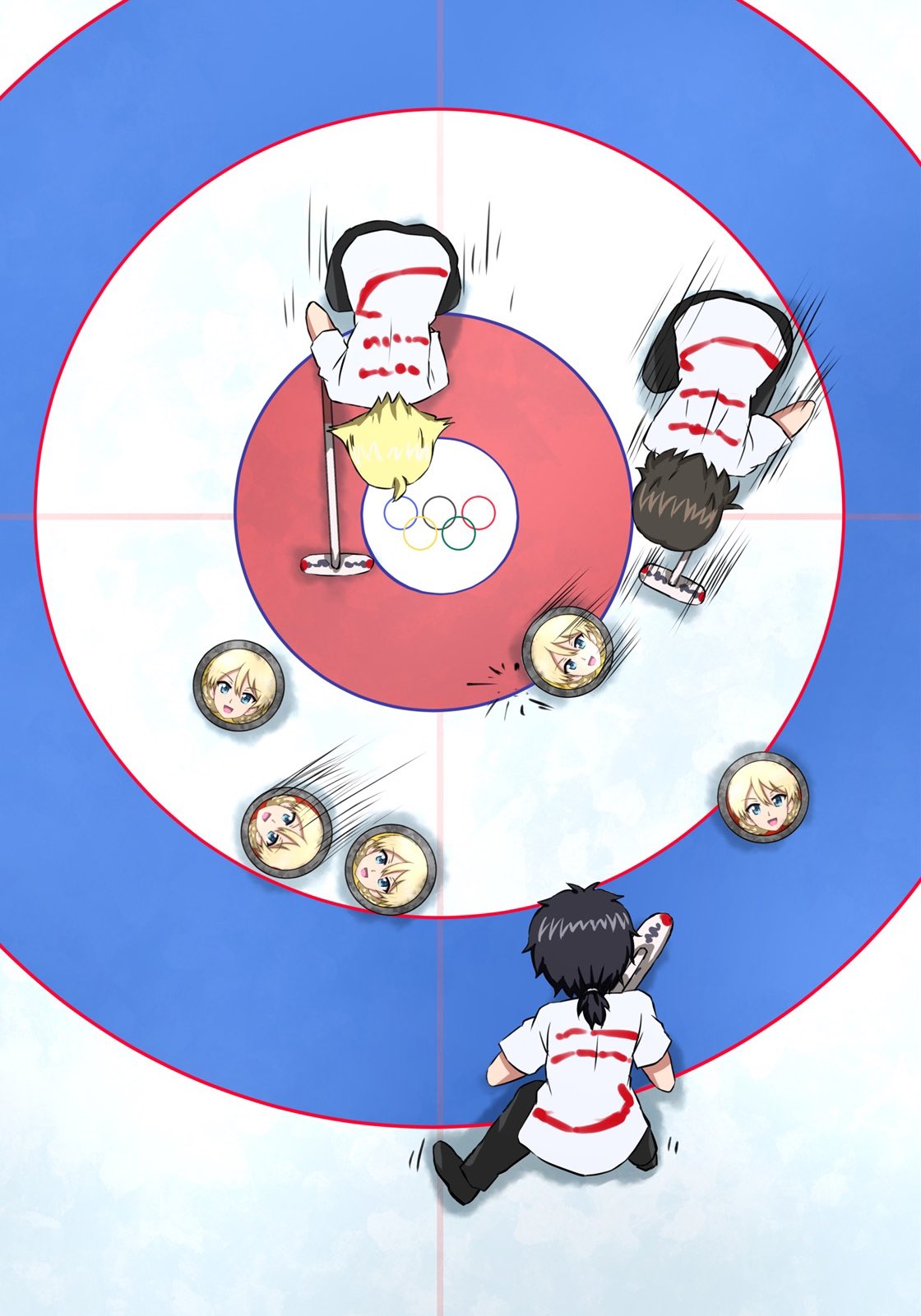 3girls black_hair black_pants blonde_hair blue_eyes brown_hair caesar_(girls_und_panzer) curling curling_broom curling_stone darjeeling_(girls_und_panzer) erwin_(girls_und_panzer) from_above girls_und_panzer highres multiple_girls olympic_rings omachi_(slabco) oryou_(girls_und_panzer) pants ponytail shirt short_ponytail t-shirt white_shirt