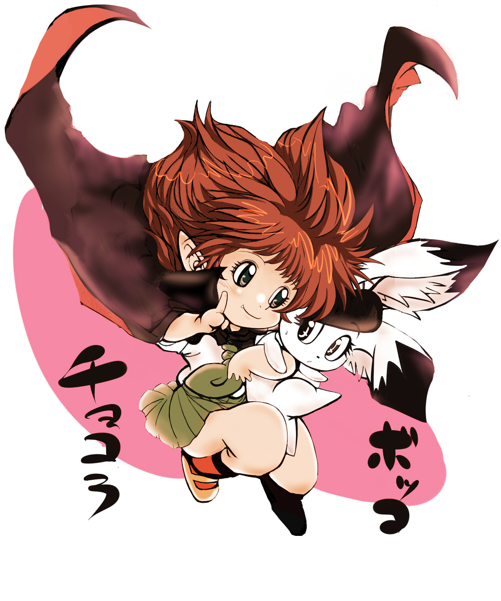 1girl big_hair bokko_(wonder_three) brown_eyes brown_hair cape child chocola creator_connection crossover don_dracula eyelashes falling fang green_neckerchief green_skirt highres holding_animal holding_rabbit index_finger_raised lue_(heizo) neckerchief pointy_ears rabbit school_uniform simple_background skirt smile tezuka_osamu_(style) vampire white_background wonder_three