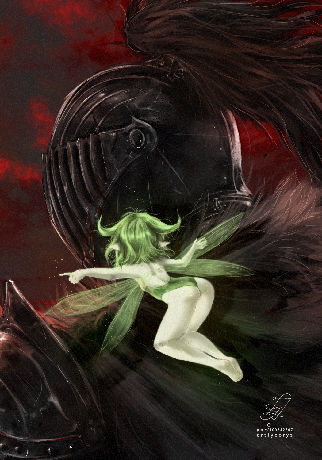 1boy 1girl armor ars_lycorys artist_name ass back barefoot black_souls breasts fairy fairy_wings flying from_behind full_armor green_hair green_leotard green_wings grimm_(black_souls) hair_flaps highres index_finger_raised leaf_(black_souls) leotard pixiv_id pointing pointing_forward pointy_ears red_background short_hair signature small_breasts strapless strapless_leotard thighs upper_body wings
