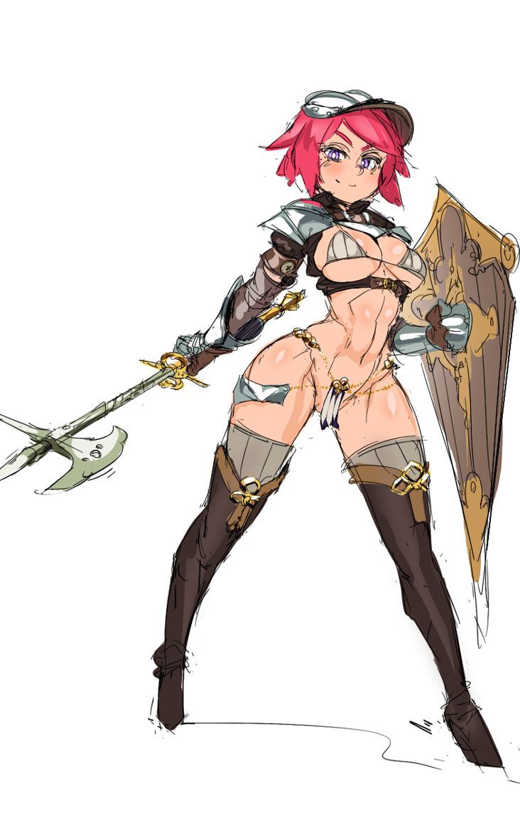 1girl abs armor axe bikini_armor boots breasts chain character_request chausses combination_weapon fighting_stance full_body gauntlets helmet holding holding_axe holding_shield holding_weapon jacket jewelry large_breasts navel nisetanaka no_panties open_clothes open_jacket pauldrons pelvic_curtain pink_hair purple_eyes shield short_hair shoulder_armor smug solo standing thigh_boots thighhighs warrior weapon white_background