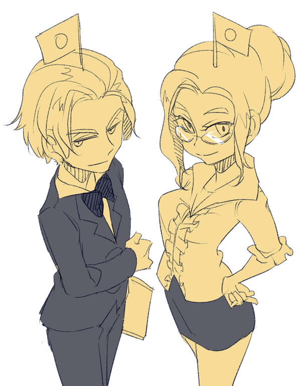 10s 1boy 1girl bow bowtie butler center_frills extra flag frills from_above glasses gloves hair_bun hand_on_own_hip looking_at_viewer looking_up monochrome osomatsu-san osomatsu_(series) rian_(bdl) simple_background single_hair_bun skirt white_background